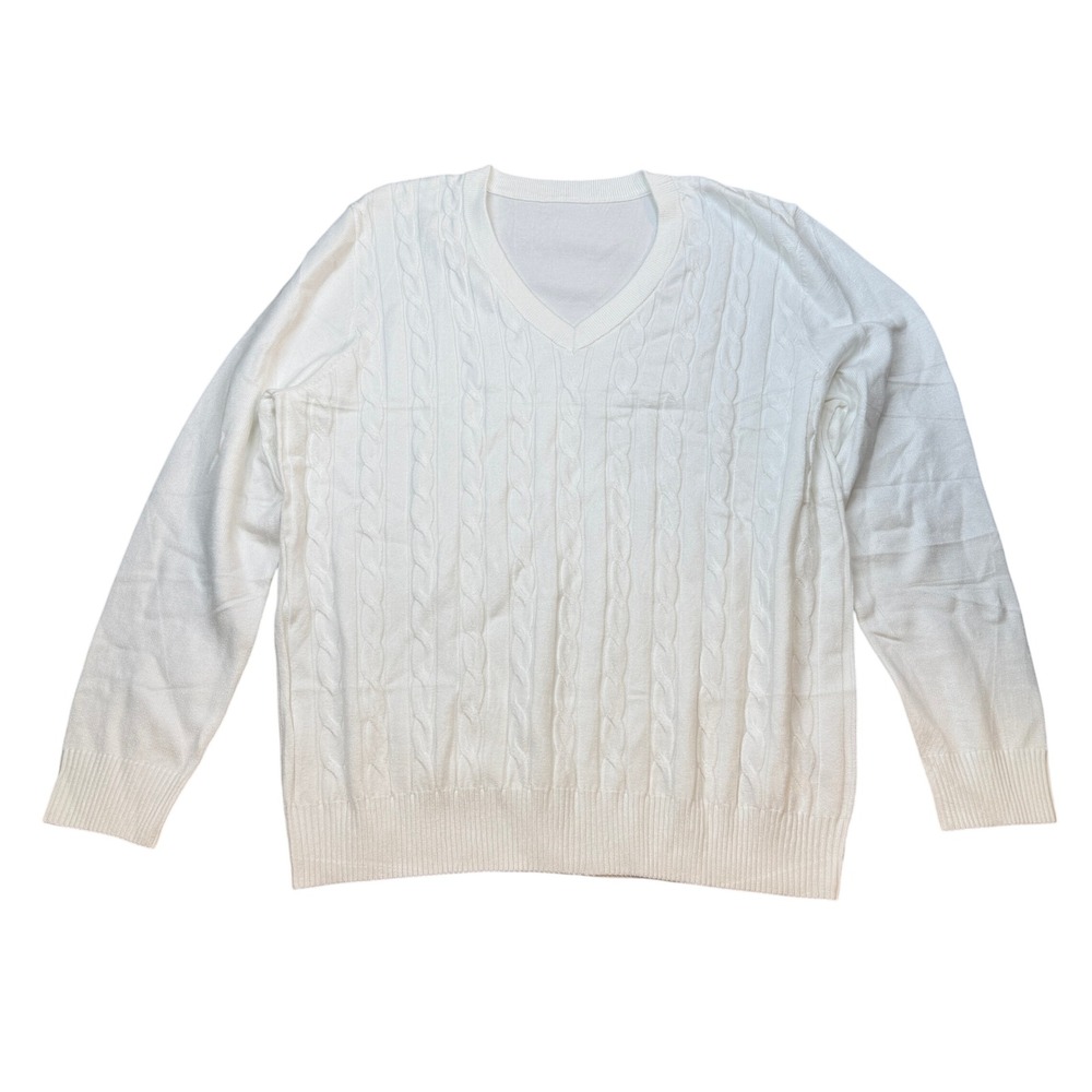 Women's XL White Oversized V-Neck Long Sleeve Textured Cable Knit Sweater Casua